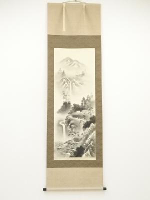 美峰筆　水墨山水　肉筆絹本掛軸（保護箱）